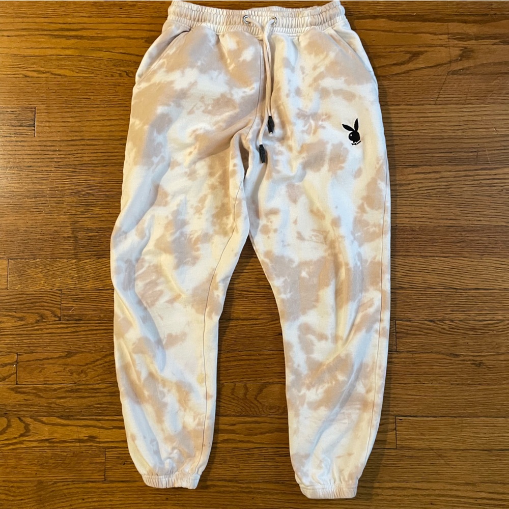 Missguided Playboy Tie-Dye Joggers in White and Tan
